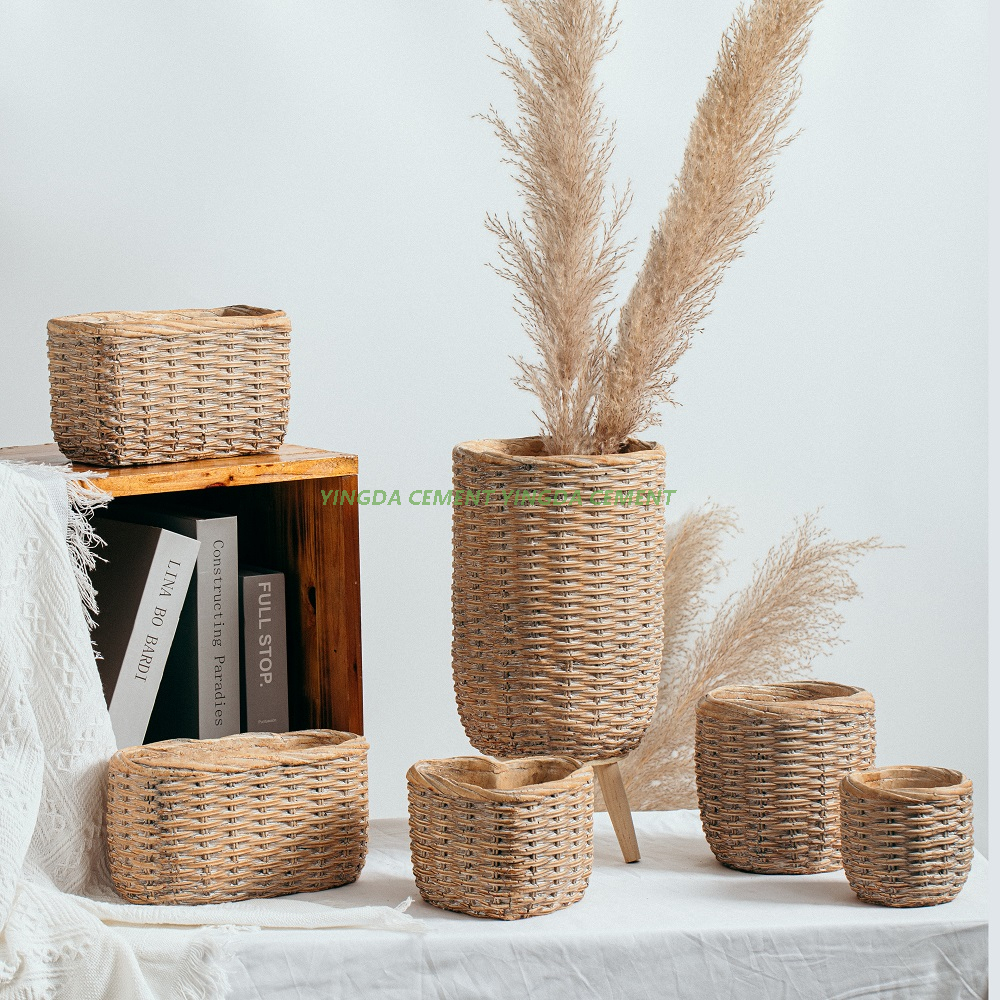 Bamboo Woven Design Rectangle Cement Bonsai Planter Pot Home Decor Vintage Flower Pot