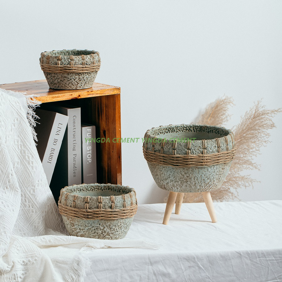 Fashion Art Natural Planter Pots Home Decorative Ornaments Cement Hanging Flower Pot with Rope Handle