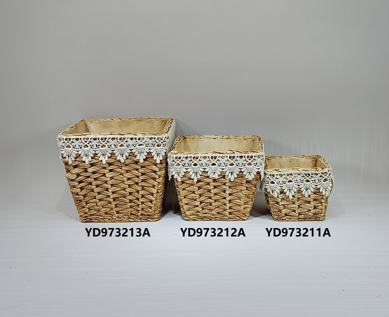 High quality rustic style bamboo weaving design cement pottery flower garden planters pot for plants