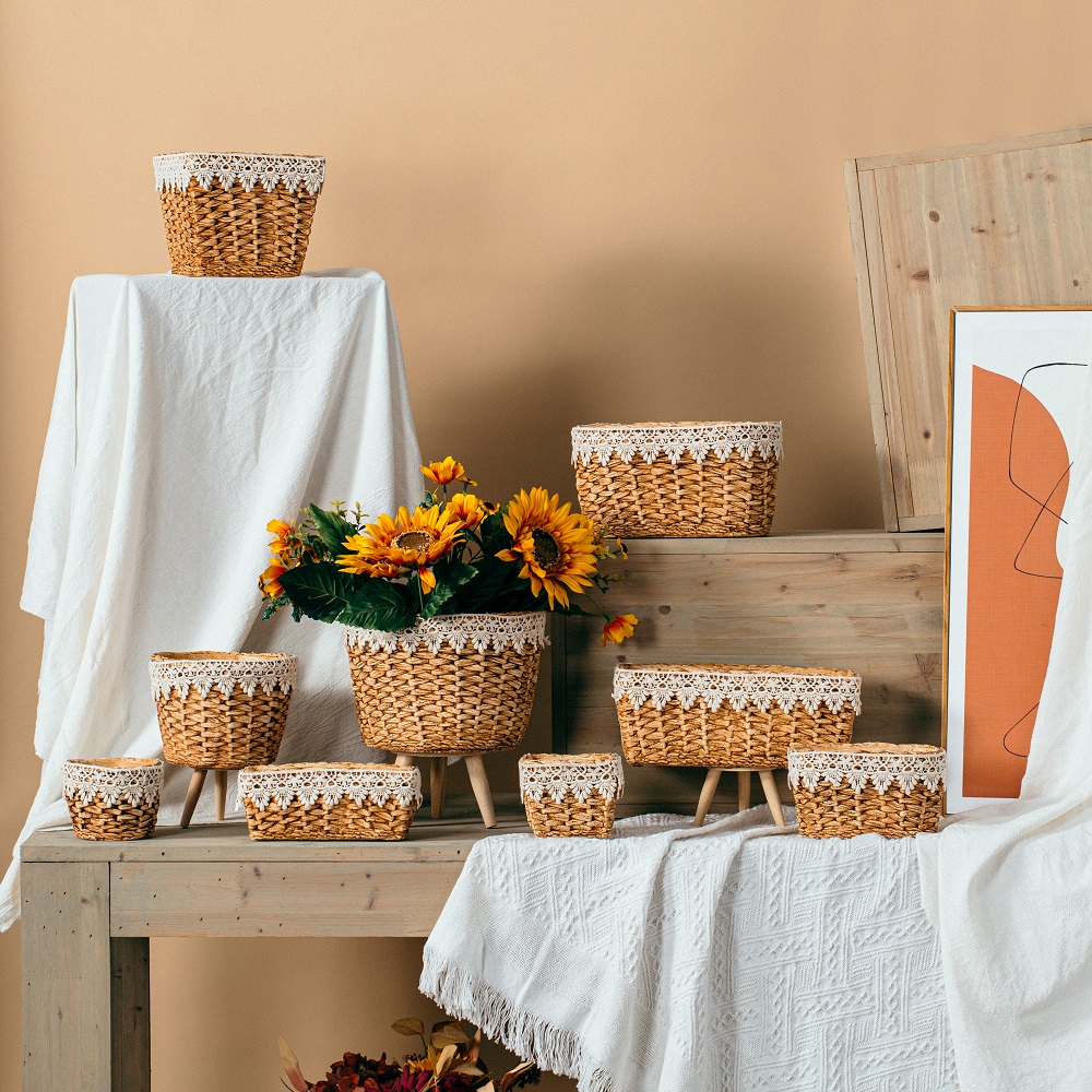 High quality rustic style bamboo weaving design cement pottery flower garden planters pot for plants