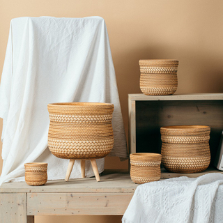 bamboo woven design indoor outdoor tabletop decorative cement bulk flower pots