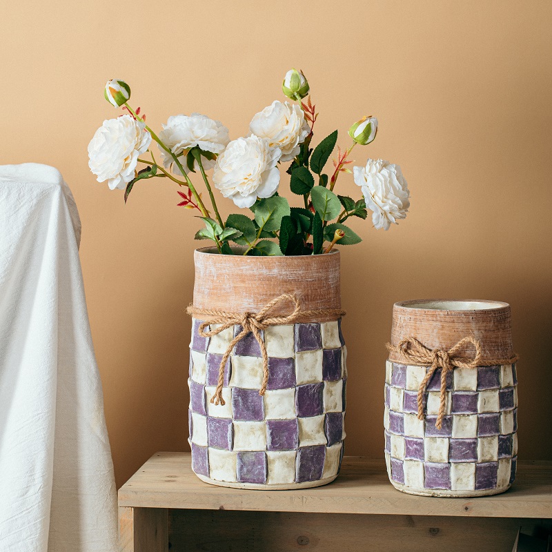 High quality creative relieved check pattern nordic home tabletop vases decoration cement flower vase