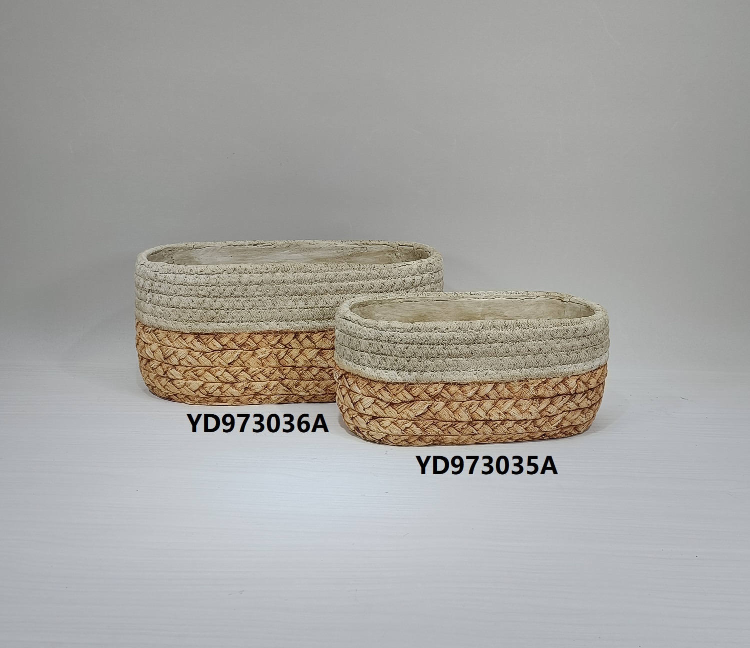 Hot sale modern home decoration bamboo woven design classical matte cement oval planter succulent flower pots
