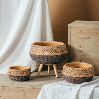 Nordic garden style bamboo weaving design outdoor round succulent plants pot cement flower pots for decoration