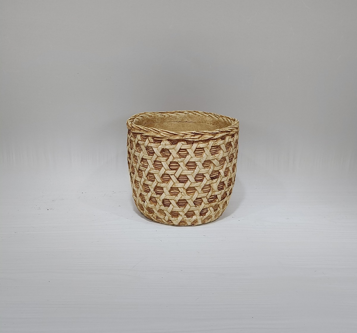 Rustic style bamboo woven design plant pot home garden balcony decorative cement desktop flower pots