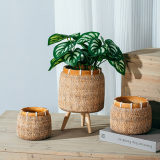 Hot selling bamboo woven design small planters indoor tabletop succulent pots cement garden flower pot