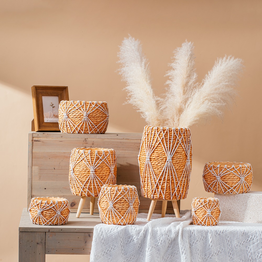 Special design bamboo woven design hand make concrete bonsai pot planter cement flower pots