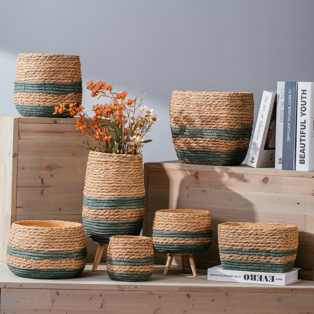 Handmade bamboo woven design garden pot unique woven basket design outdoor decorative cement indoor plant pots