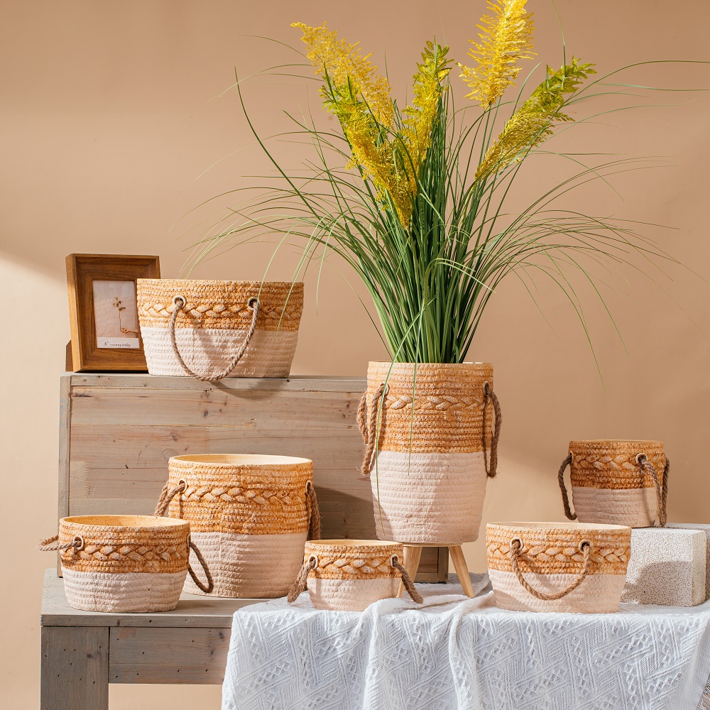 home garden decoration cement flower planter pots with jute handle
