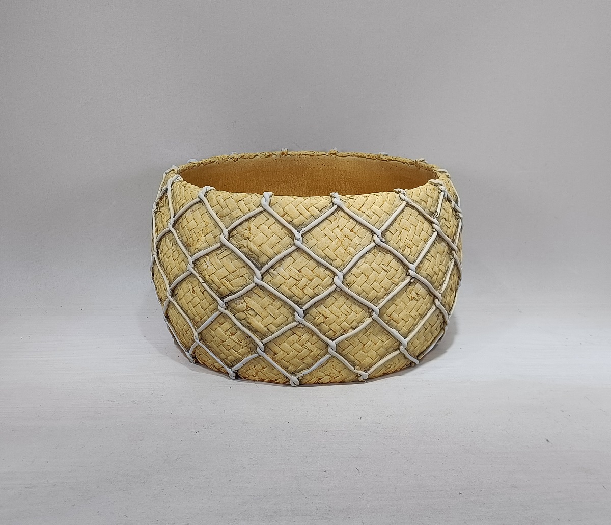 Rustic style bamboo woven design plant pot home decorative cement flower pots
