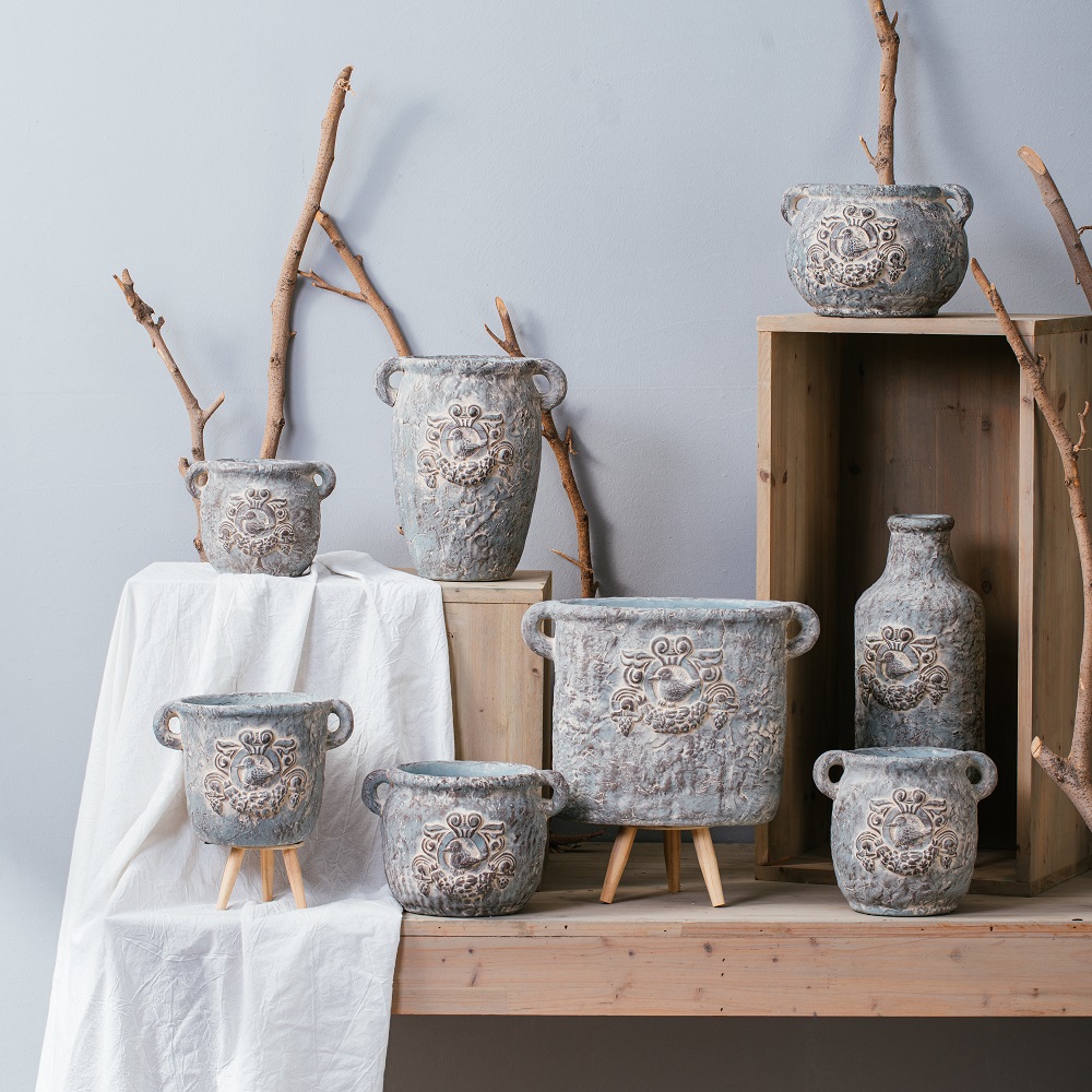 Vintage home decoration garden pots old looking cement flower pots & planters with double handles