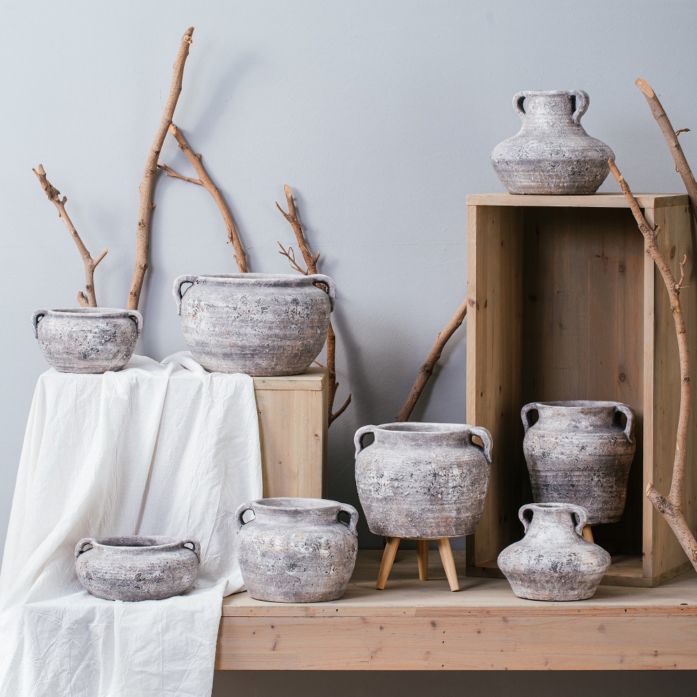 Natural pastoral garden antique with decal cement planters garden flower pots with double handles