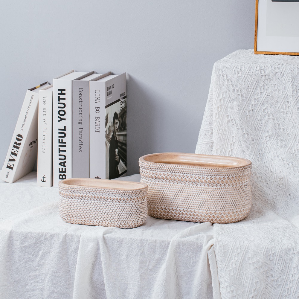Bamboo woven design Oval concrete flower pot light color decoration cement flower pots