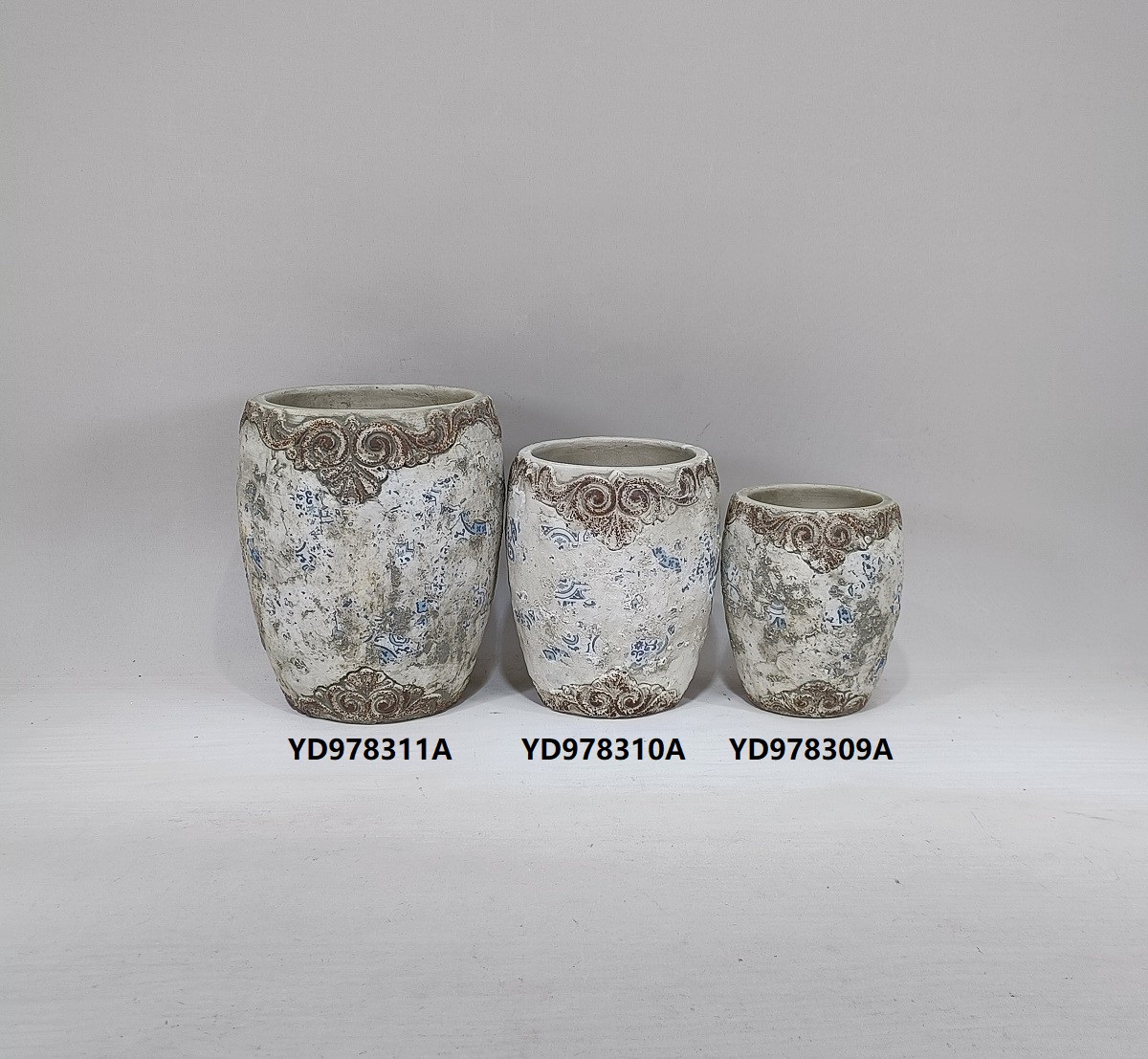 Antiqued decal pattern matte indoor outdoor cement flower pot garden decoration concrete planters