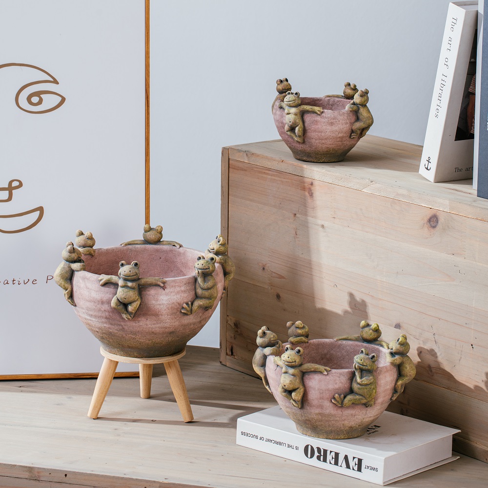 Frog embossed design cement flower pot home garden decoration creative cement flower pot