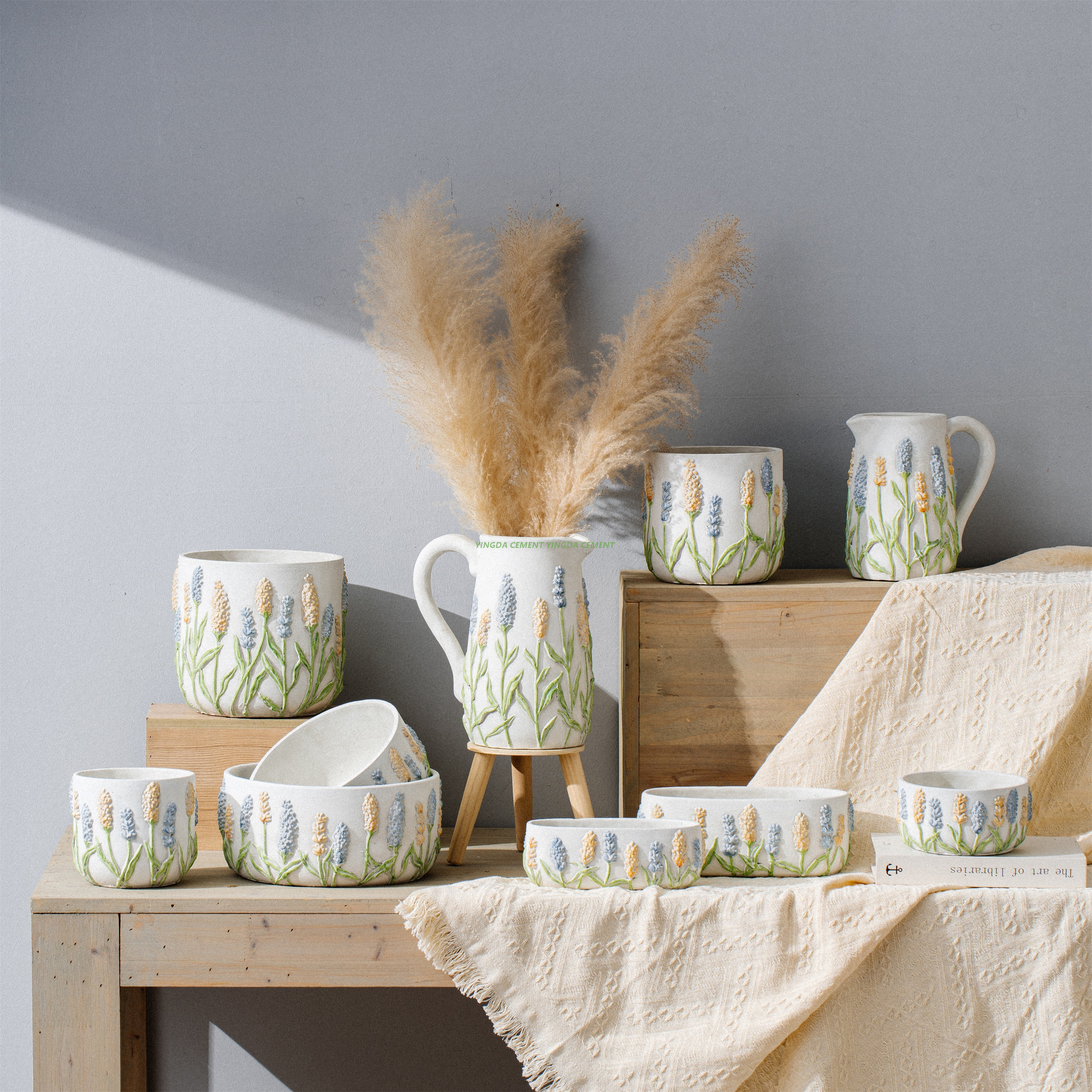 Custom Size Logo Nordic Puffed Ridge Concrete Cement Planter Plant Flower Succulent Cactus Pots