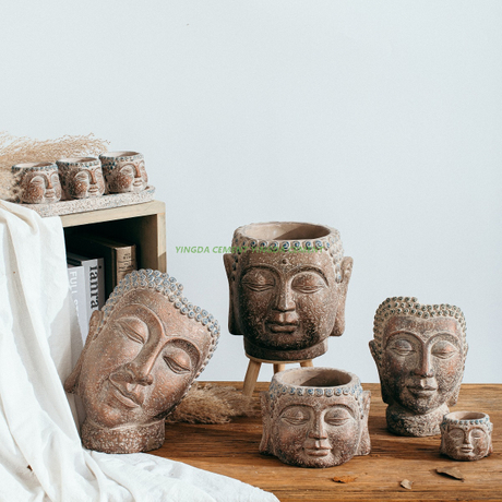 Creative Retro Antique Wholesale Custom Buddha Head Shape Home Decor Ornament Cement Buddha Flower Pot