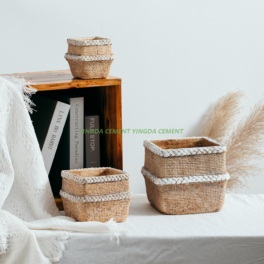Indoor Outdoor Design Bamboo Woven Design Square Shape Flower Pot Garden Concrete Pots for Plants