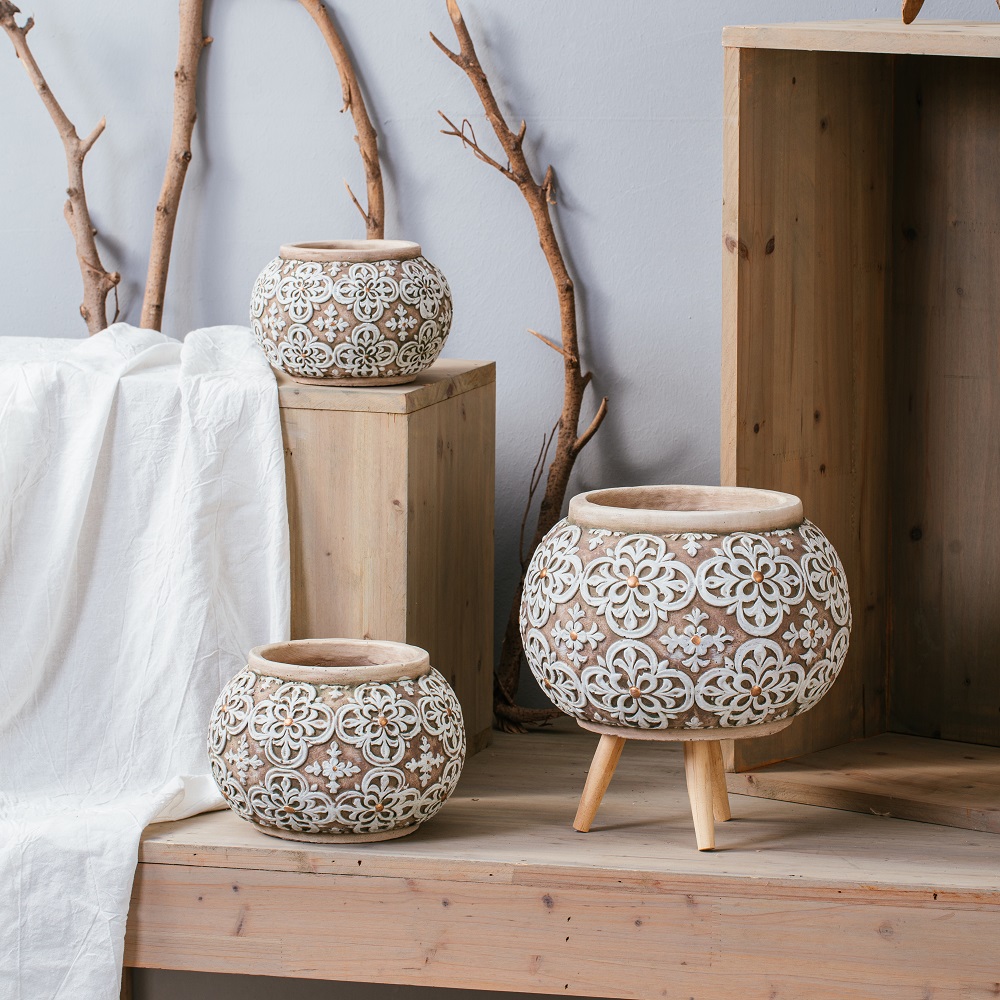 Ball shape decorative indoor outdoor cement pot embossed succulents flower pots planter for home decor