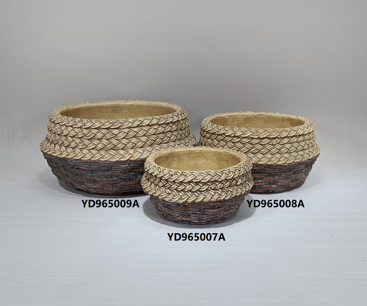Nordic garden style bamboo weaving design outdoor round succulent plants pot cement flower pots for decoration