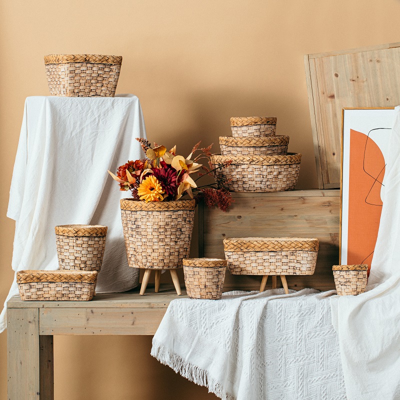 Nordic rustic style bamboo woven design cement pots home garden rectangle retro decoration cement flower pot