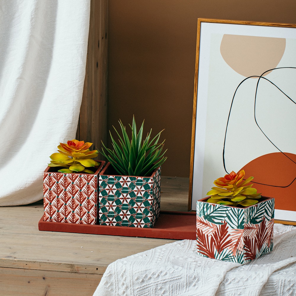 Garden home supplier wholesale nordic color small square cement concrete indoor flower pot with tray