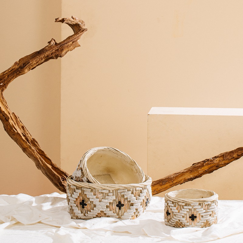 Bamboo Woven Design Courtyard Succulent Planter Pot Concrete Cement Flower Plant Pots for Garden