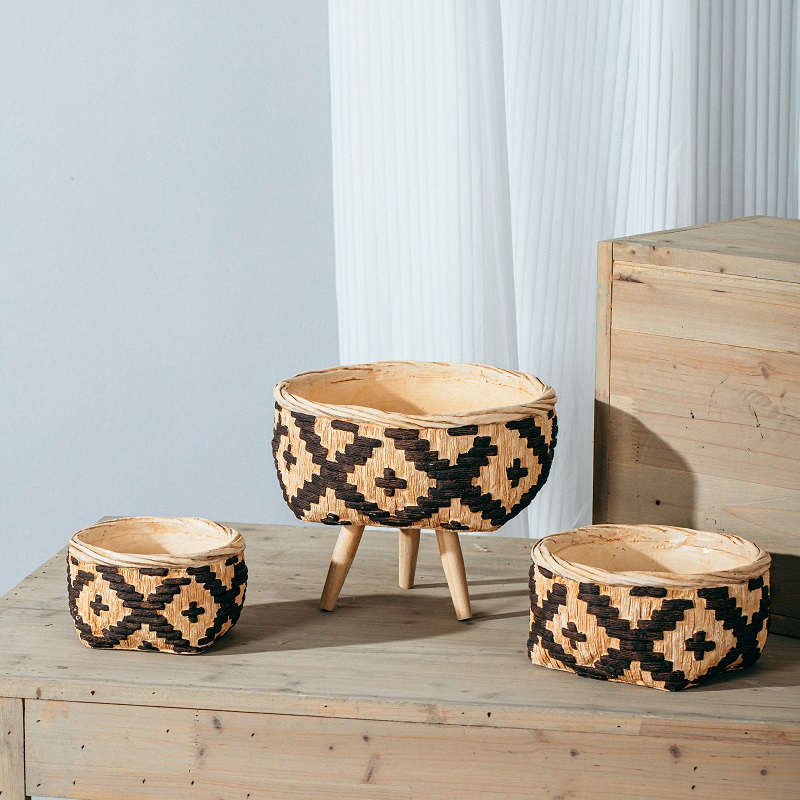 Factory direct garden decoration plant pots bamboo woven handmade cement flower pot for plant