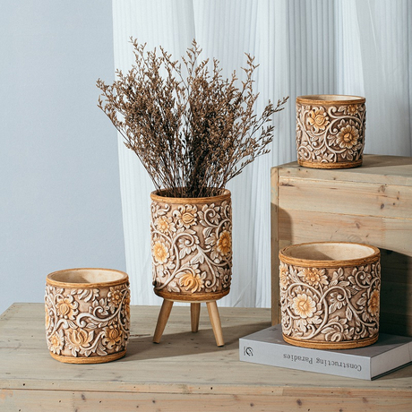 Factory price stereo carving design plant pots wholesale tabletop cement succulent pots garden pots