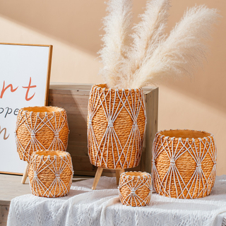 Special design bamboo woven design hand make concrete bonsai pot planter cement flower pots