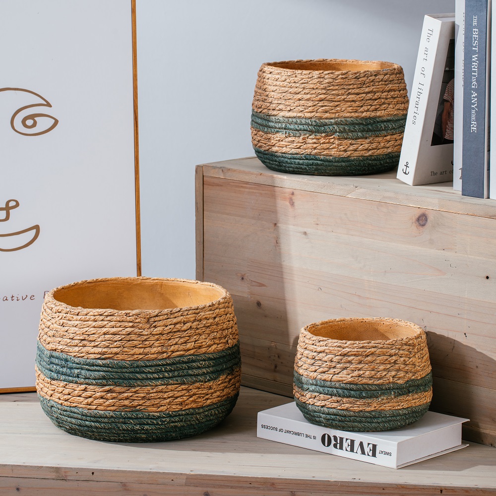 Handmade bamboo woven design garden pot outdoor decorative cement indoor plant pots
