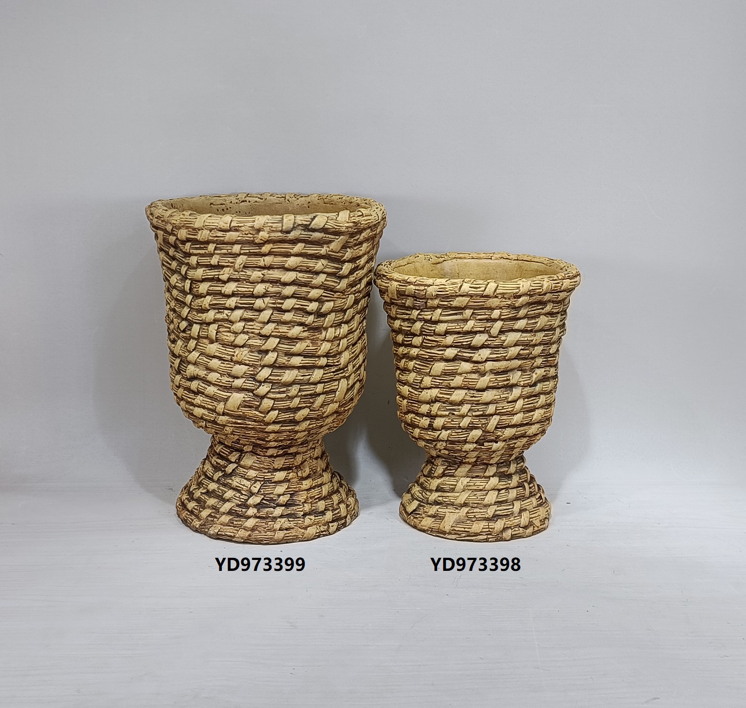 Creative rustic pastoral unique woven basket design cement urn pot decoration concrete flower pots planters