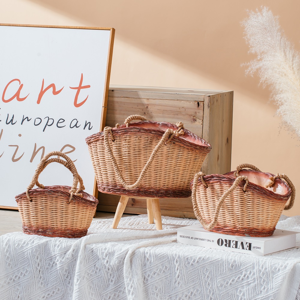 Bamboo design home garden decoration floating cement flower planter pots with jute handle