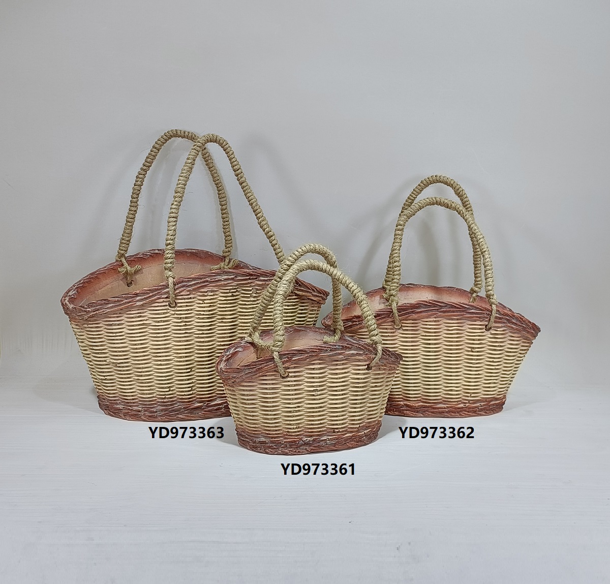 Bamboo design home garden decoration floating cement flower planter pots with jute handle