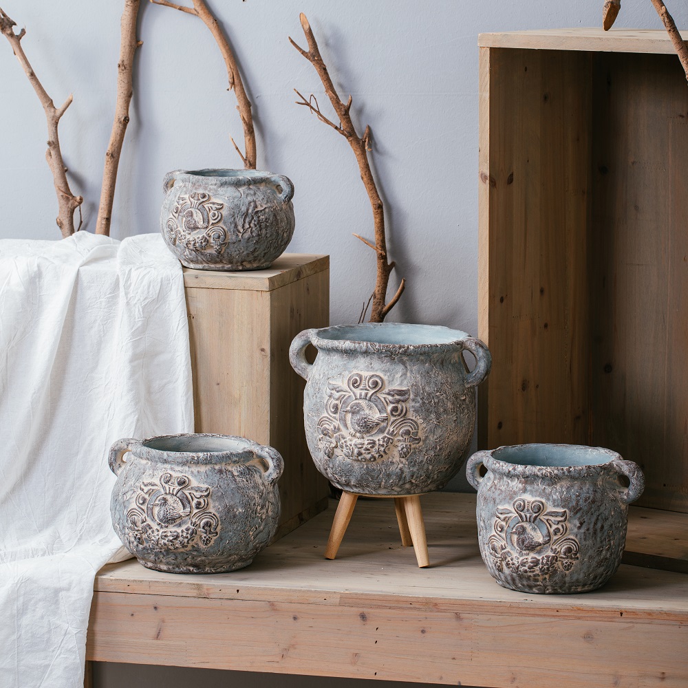 Vintage home decoration garden pots old looking cement flower pots & planters with double handles