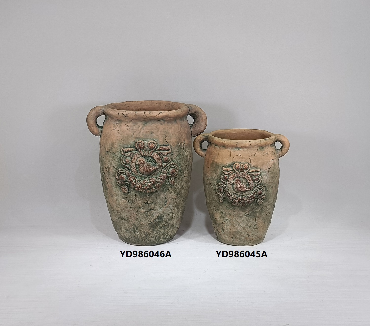 Wholesale decorative antique flower pot matte terracotta color garden decoration cement plant pots with double handles