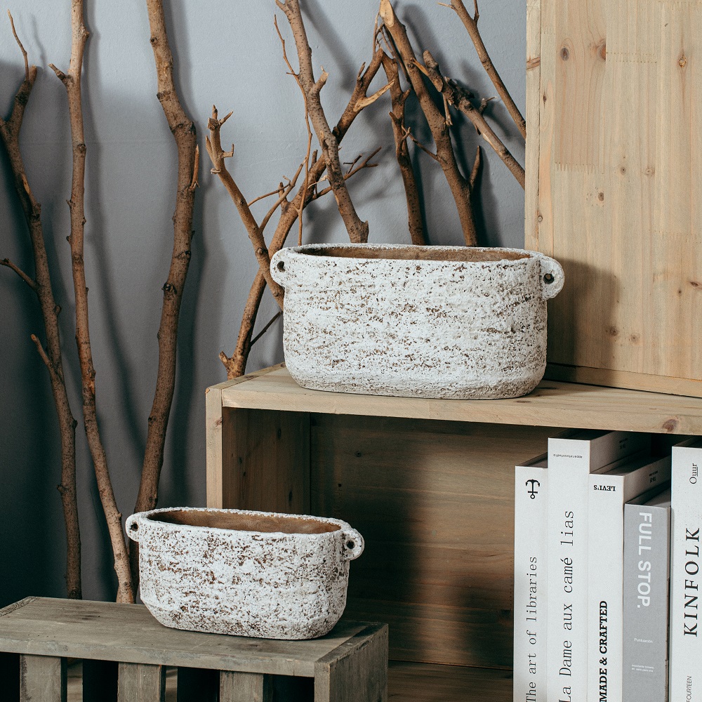 Retro style outdoor decor terracotta plant pot cement bonsai flowerpot concrete flower pot with handle