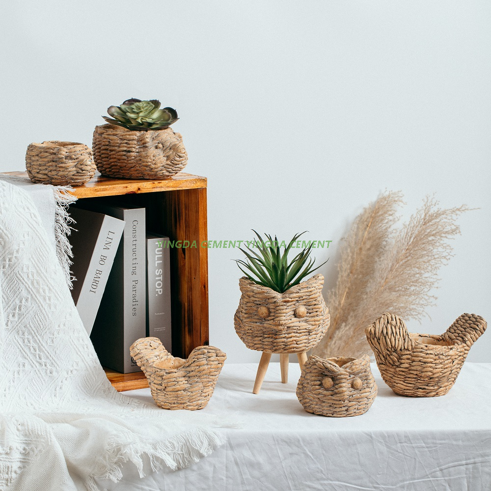 Home Garden Hot Selling Bamboo Woven Design Cute Animal Shape Succulent Planter Small Cement Flower Pot