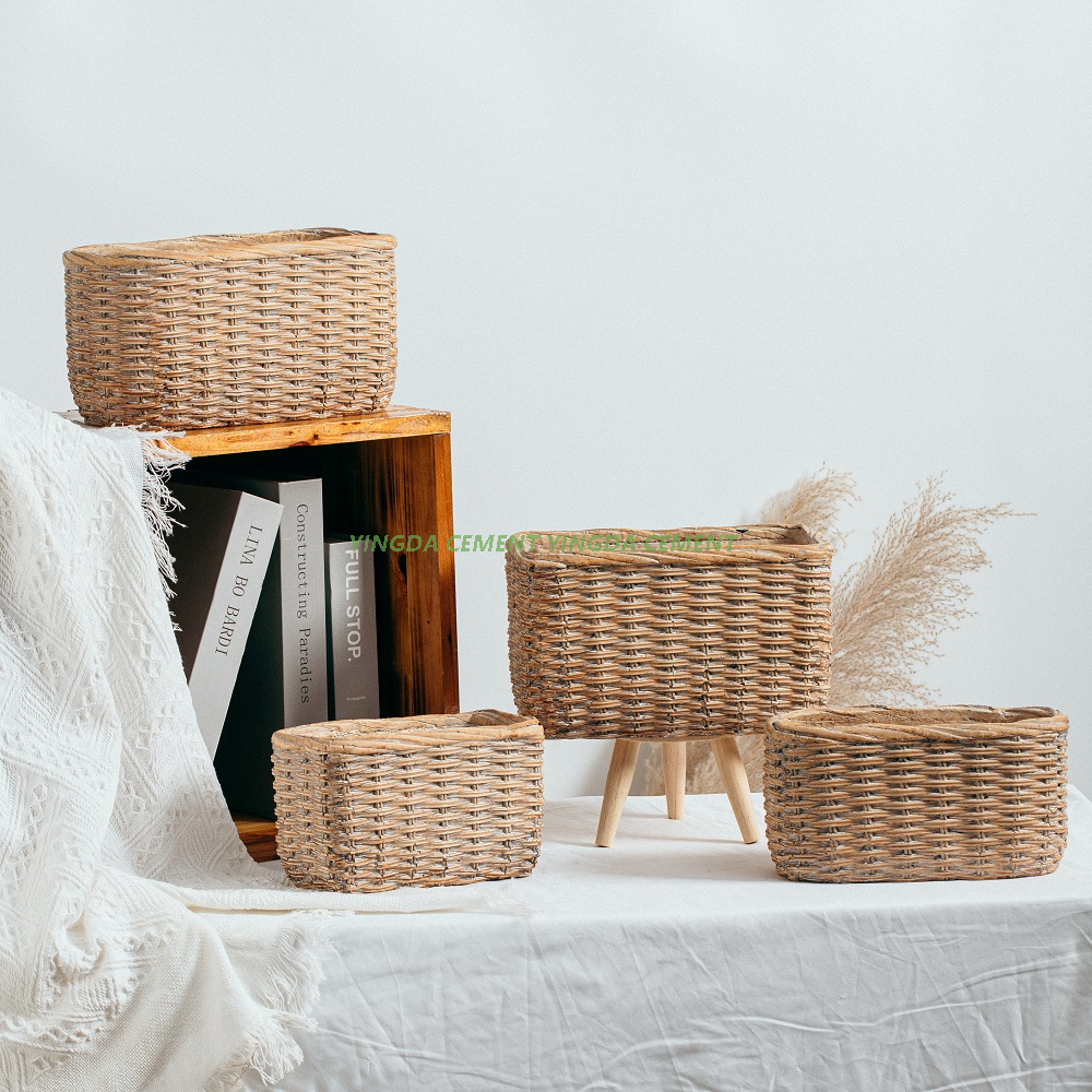 Bamboo Woven Design Rectangle Cement Bonsai Planter Pot Home Decor Vintage Flower Pot