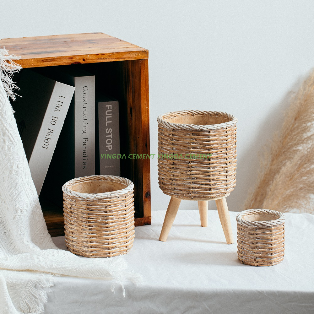 Indoor Outdoor Design Bamboo Woven Design Square Shape Flower Pot Garden Concrete Pots for Plants