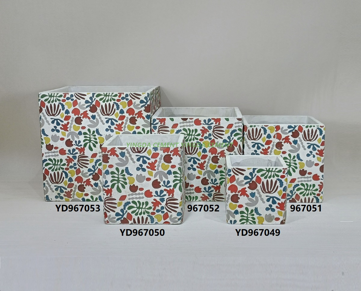 Square Pot with Decal Cement Flower Pot