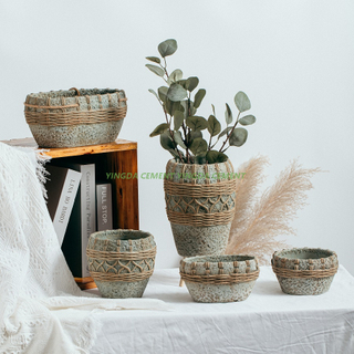 Fashion Art Natural Planter Pots Home Decorative Ornaments Cement Hanging Flower Pot with Rope Handle
