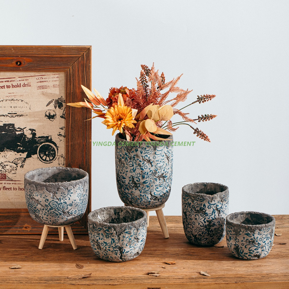 Antiqued Decal Pattern Flower Pot Home Garden Cement Planter Pots in Bulk