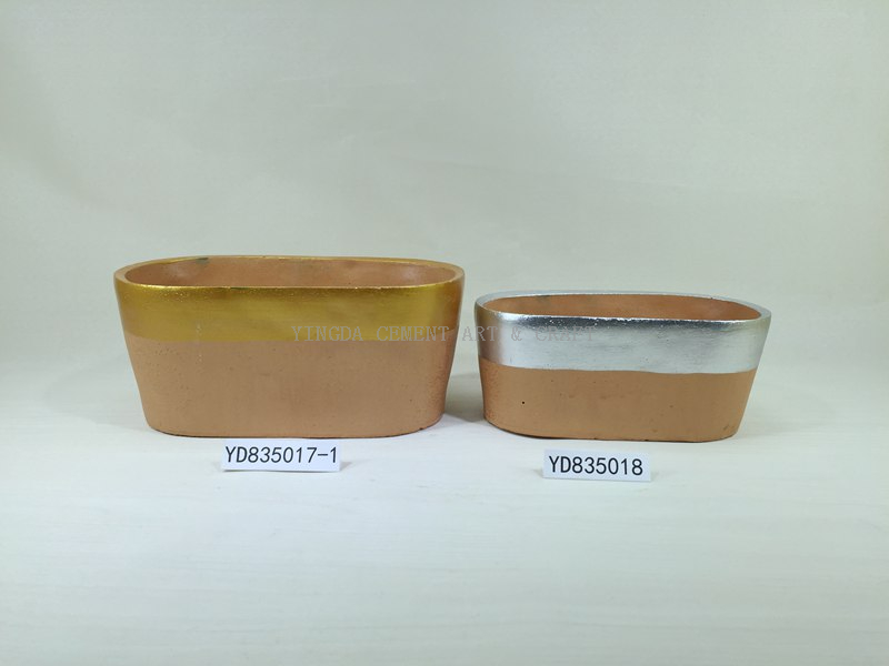 Metallic Oval Cement Planter With Clay Looked