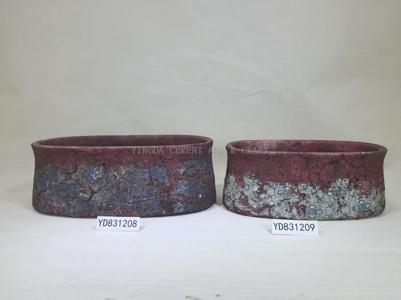 Blue Decal Printed Oval Cement Planter Pots